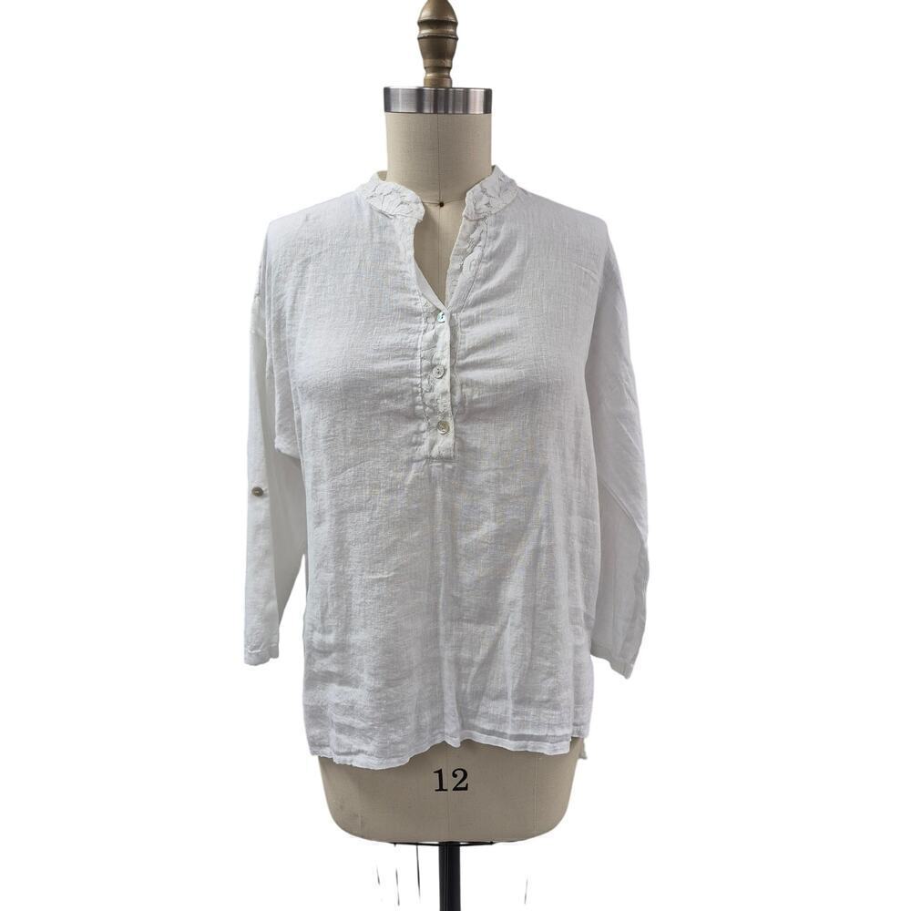 Viola Borghi Italy 100% Linen White Top Abalone Buttons Lace Sz L